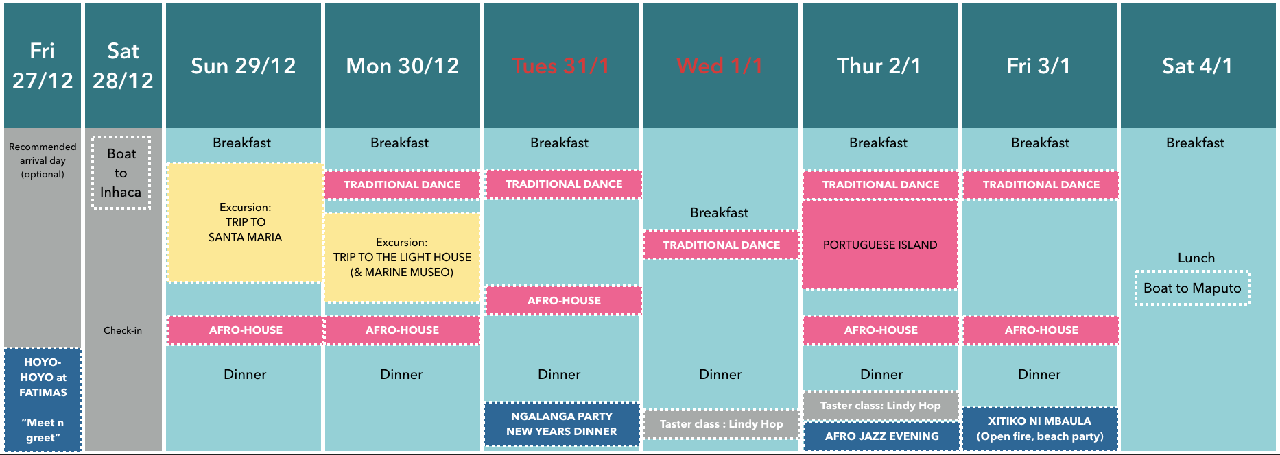 Pink - dance classes Light grey - taster classes Yellow - extra excursions for a smaller fee (optional but recommended) Blue - evening happenings