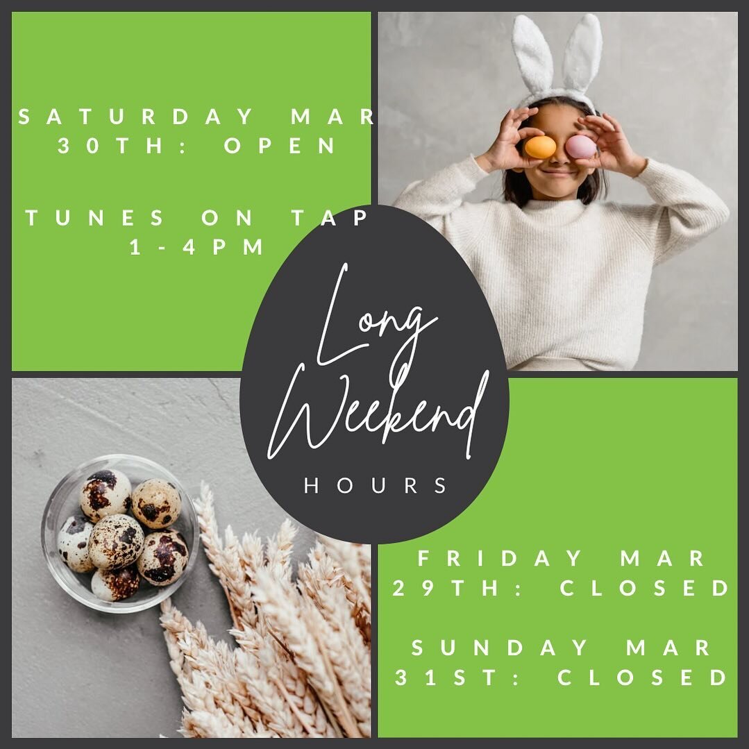 Hoppy Long weekend!!

Just a heads up for our hours this weekend! 

So stock up early for your family get together a or maybe for your adult &ldquo;egg&rdquo; hunt for your adult children. 

Closed Friday Mar 29th 
Open Saturday Mar 30th
Closed Sunda