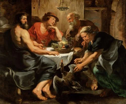 Juppiter és Mercurius meglátogatja Philemont és Baucist, akik „a halandók között a legboldogabbak”. Rubens festménye