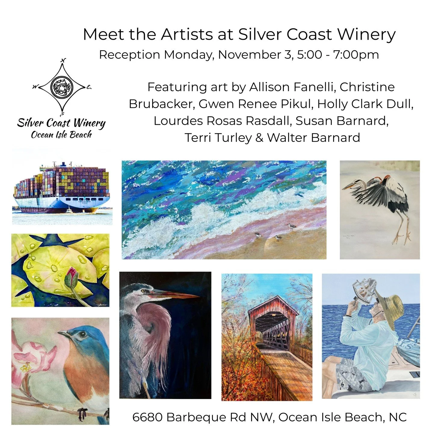 Tomorrow night is the night! Come see the latest art installation @silvercoastwinery 
Meet and mingle with the artists, enjoy light bites, and of course, the wine bar is always open for tastings or for your favorite pour.