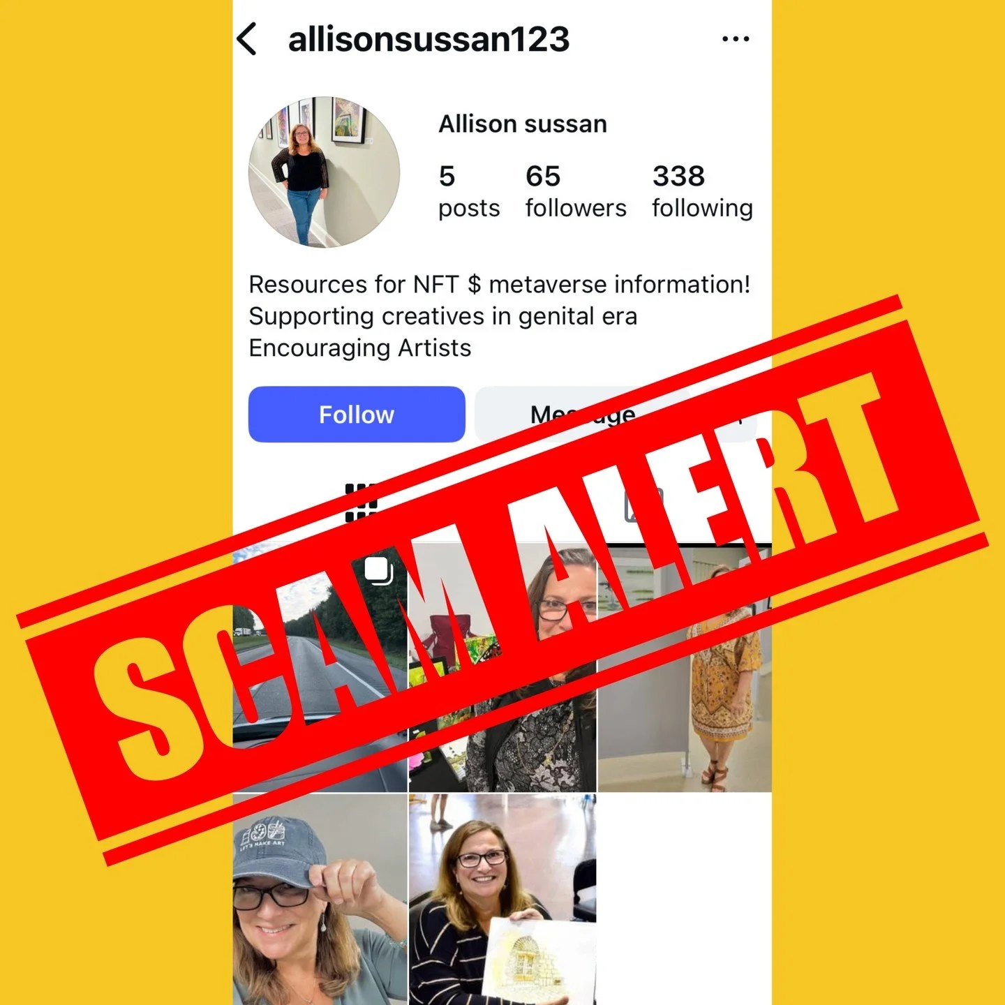 Dear friends, 
Yesterday, a fellow Instagram user let me know that someone stole my photos and is using them to try to get people to sign up for a scam site. They reported it to Instagram &amp; I have reported it twice. They must have a backlog of re