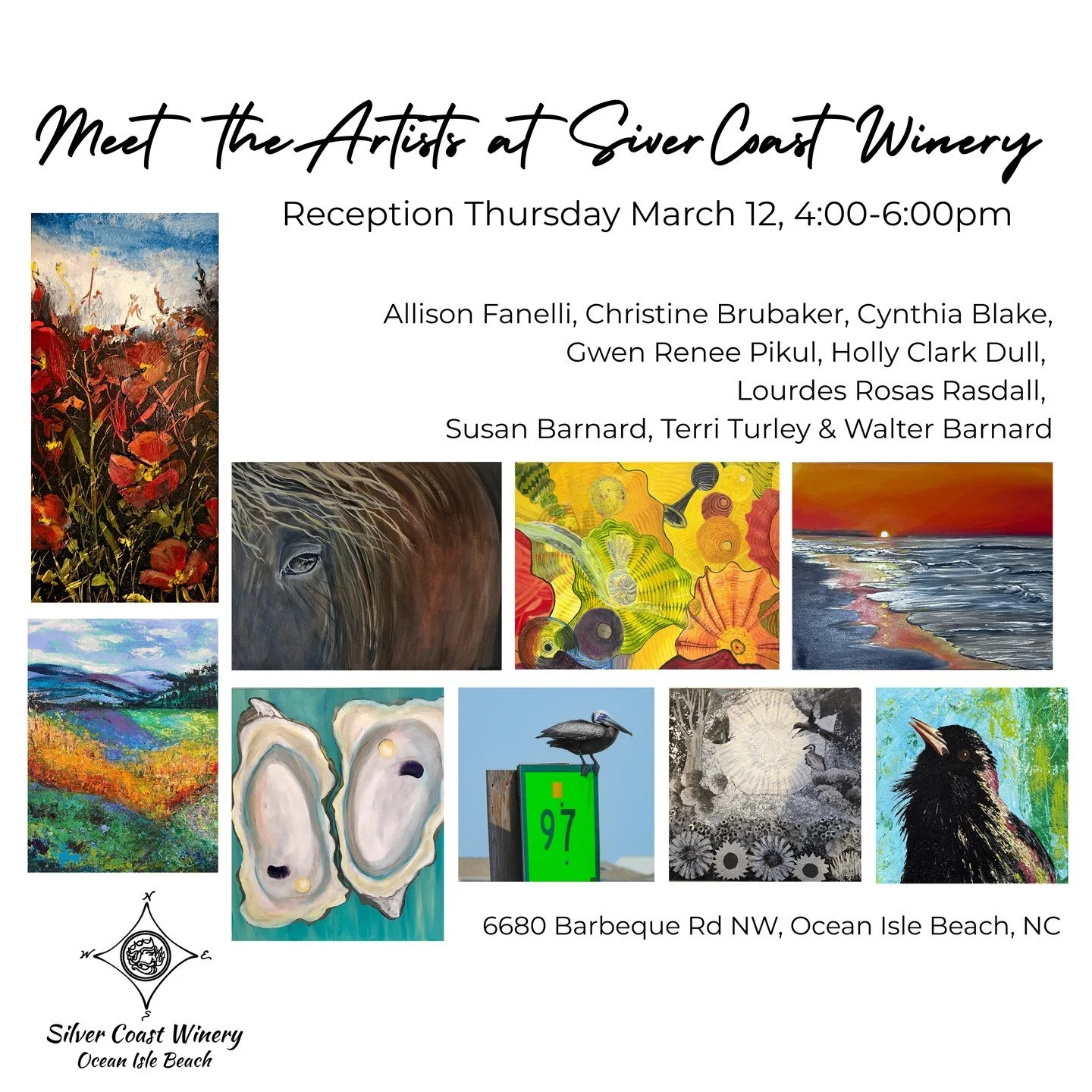 If you're in the Southern NC coast (or Northern SC coast), please join us for an art reception this week, where we share with you our latest installation at @silvercoastwinery 
This Thursday, March 12 from 4:00-6:00pm. Meet &amp; network with the art