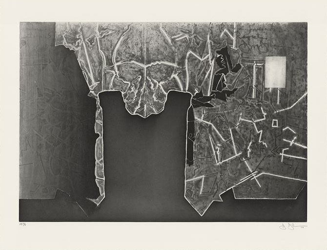 JASPER JOHNS Regrets , 2014 Intaglio with chine collé on Revere Standard White Suede paper 26 1/4 x 34 1/8 inches Edition: 36