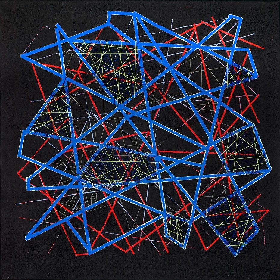 I explore interconnectivity, intuitive mark making, and metaphysical networks of energy in my works-on-canvas. My process is meditative and involves layering of paint and tape and hand stitching thread into the canvas with an industrial needle. I encourage the viewers of these works to apply personal metaphors to find meaning, such as an organized chaos, a mapping system or the human relationship to a larger cosmic picture. 