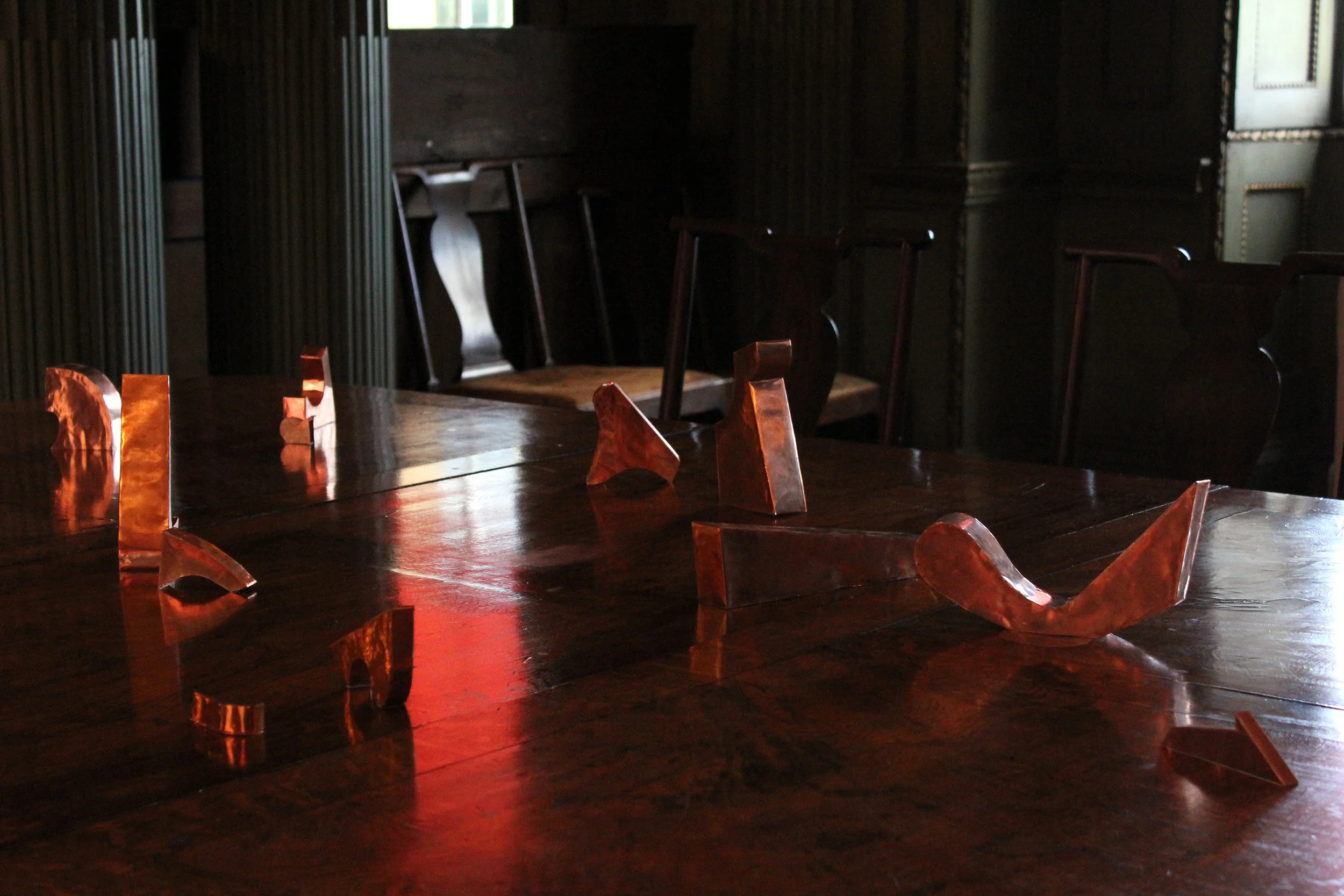 conversation piece copper on dining table, dimensions variable