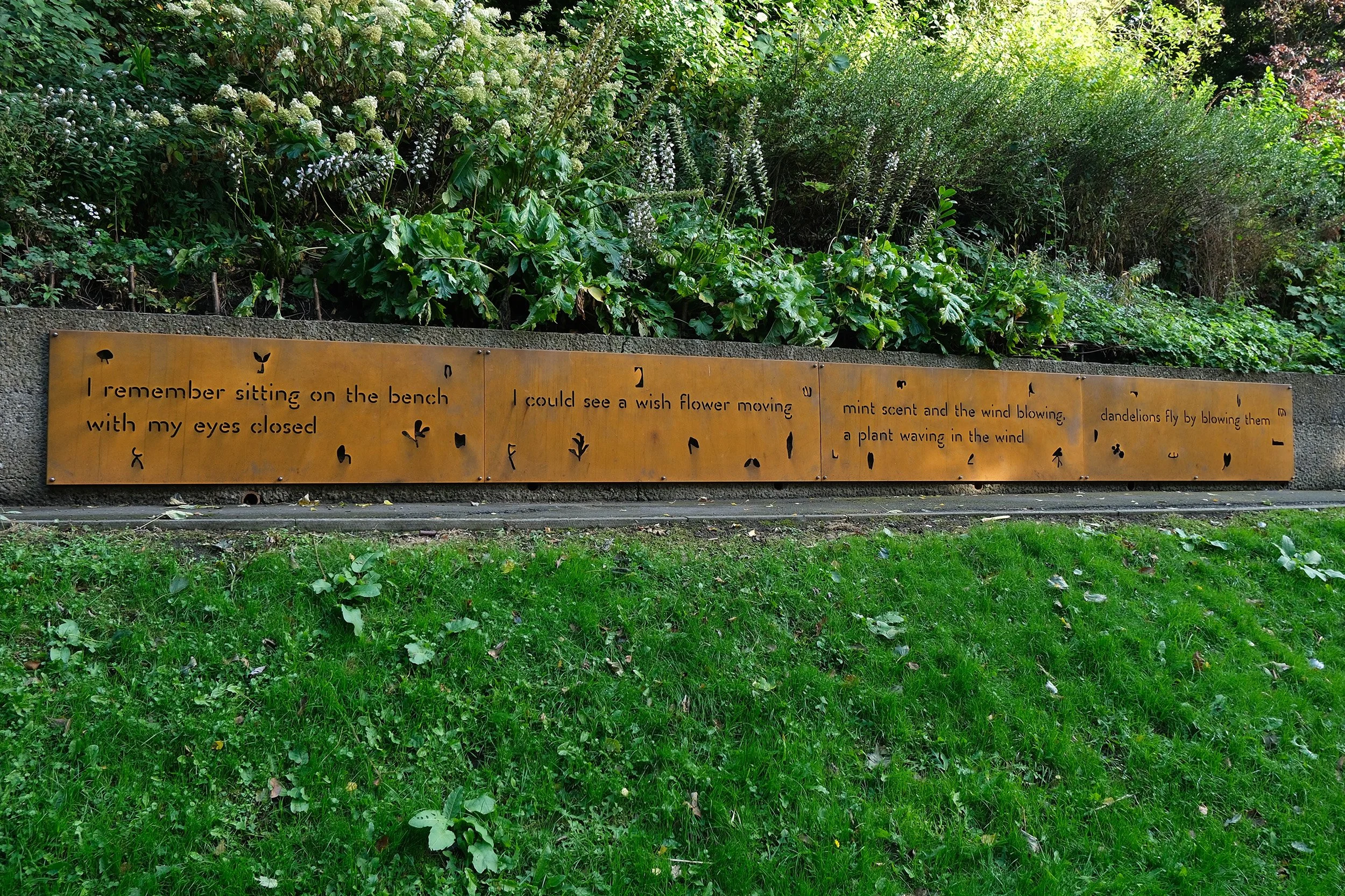    Offerings  , 2026 Corten steel, 8880mm x 790mm Anna Chapman Parker with words by children from Prior Park First School  installed at Castle Vale Park, Berwick-upon-Tweed  Commissioned by Friends of Castle Parks and The Maltings (Berwick) Trust wit