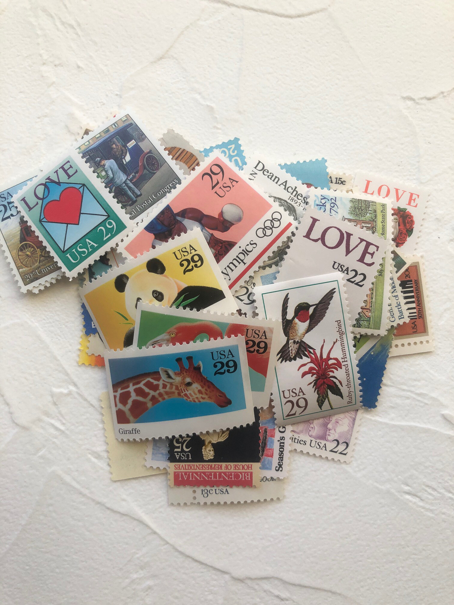 curated collection . Shades of TEAL . UNUSED 20 Vintage Postage Stamps .