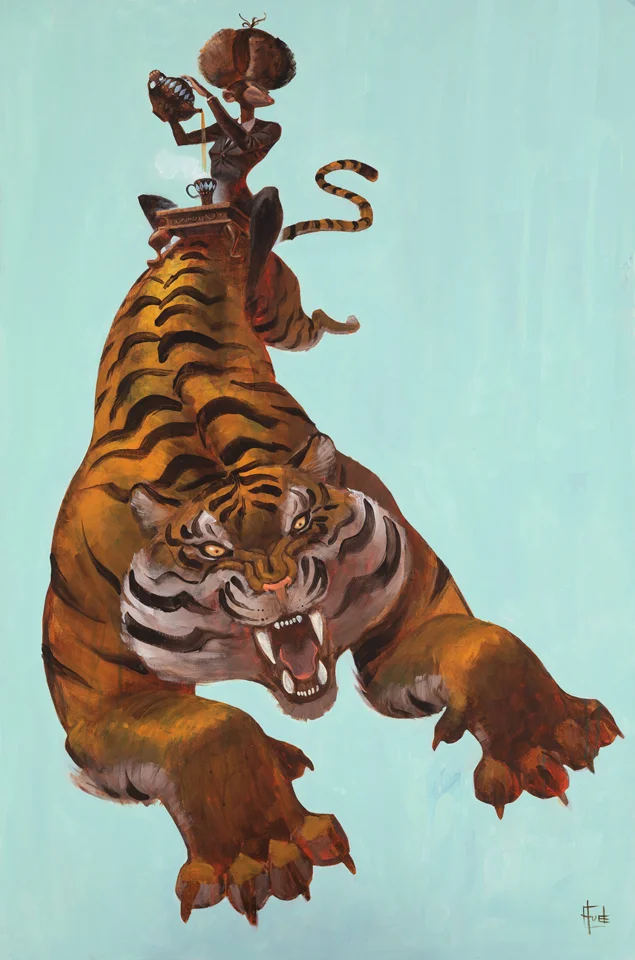 ”TEA TIME TIGER” Acrylic on canvas / Akryl på lærred 120 x 80 cm 15.000 kr.