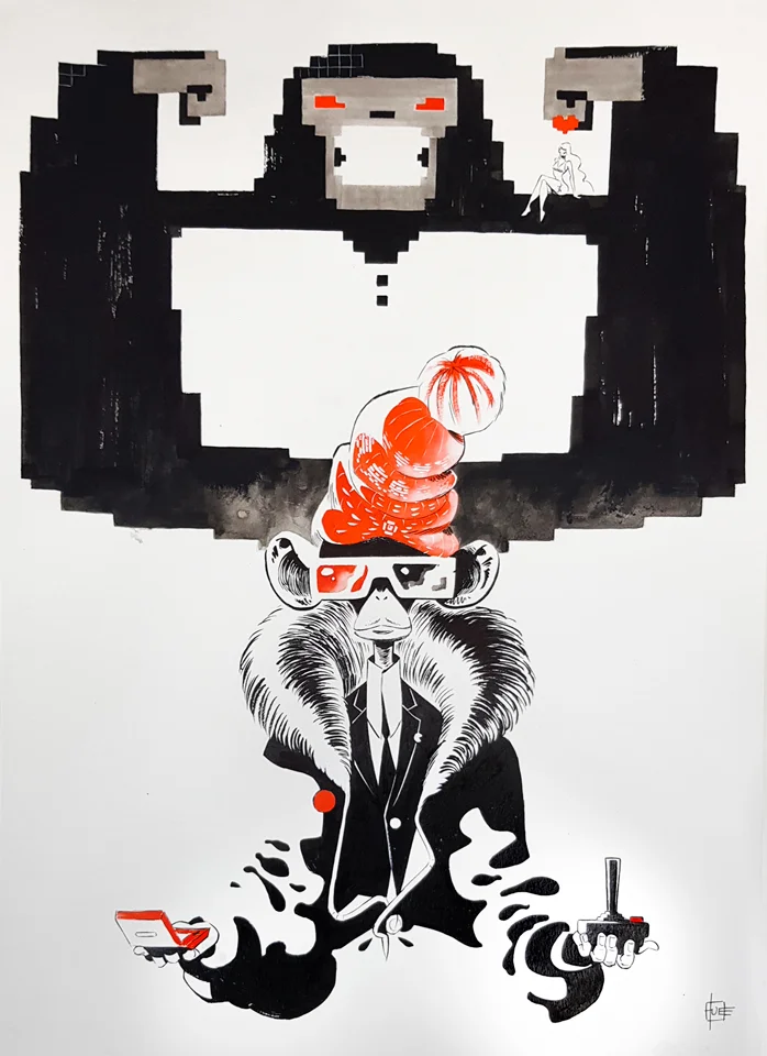 ”1PLAYER THE ARCADE GAMER: DONKEY MONK” Tusch og akvarel på papir 60 x 42 cm 2.800 kr.