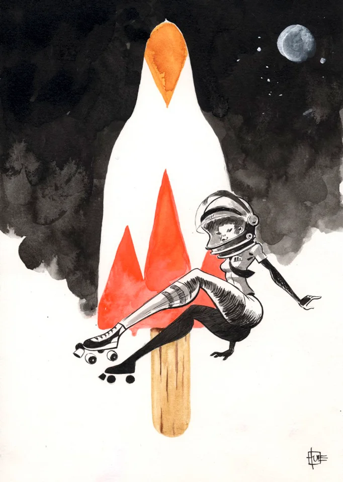 Astronaut 1” Tusch og akvarel på papir 21 x 30 cm 1.500 kr.
