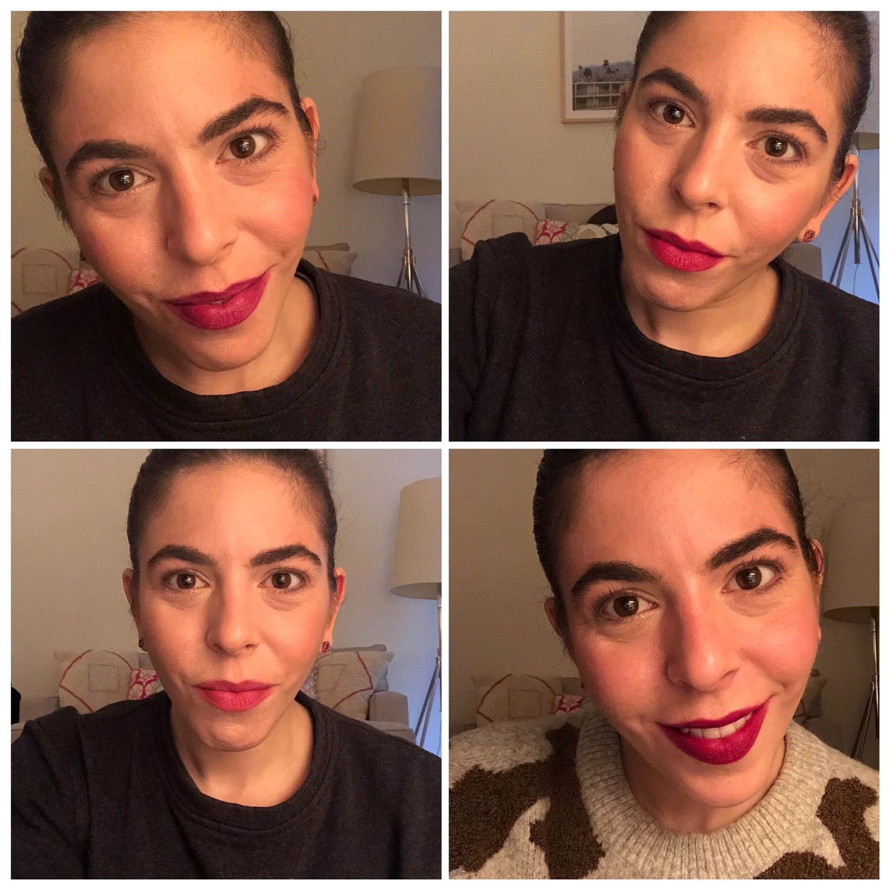 Wearing (clockwise from top left): Charlotte Tilbury Matte Revolution in Glastonberry, Nudestix Intense Matte Lip + Cheek Pencil in Raven, Bobbi Brown Art Stick in Cassis and Tom Ford Lip Color Matte in Black Dahlia.