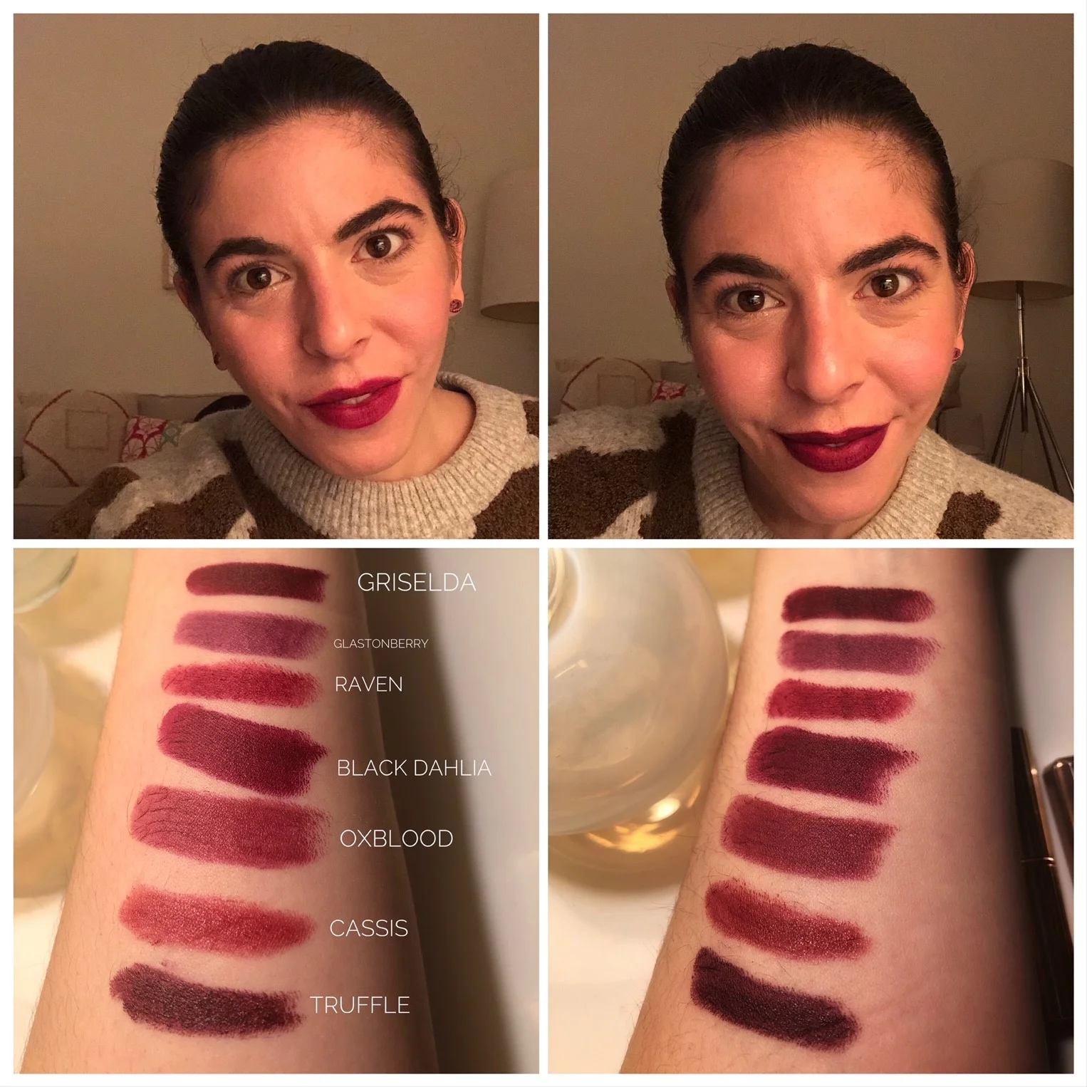 Clockwise from top left: Burberry Lip Velvet in No. 37 Oxblood, Bite Beauty Matte Creme Lip Crayon in Black Truffle, Swatches.
