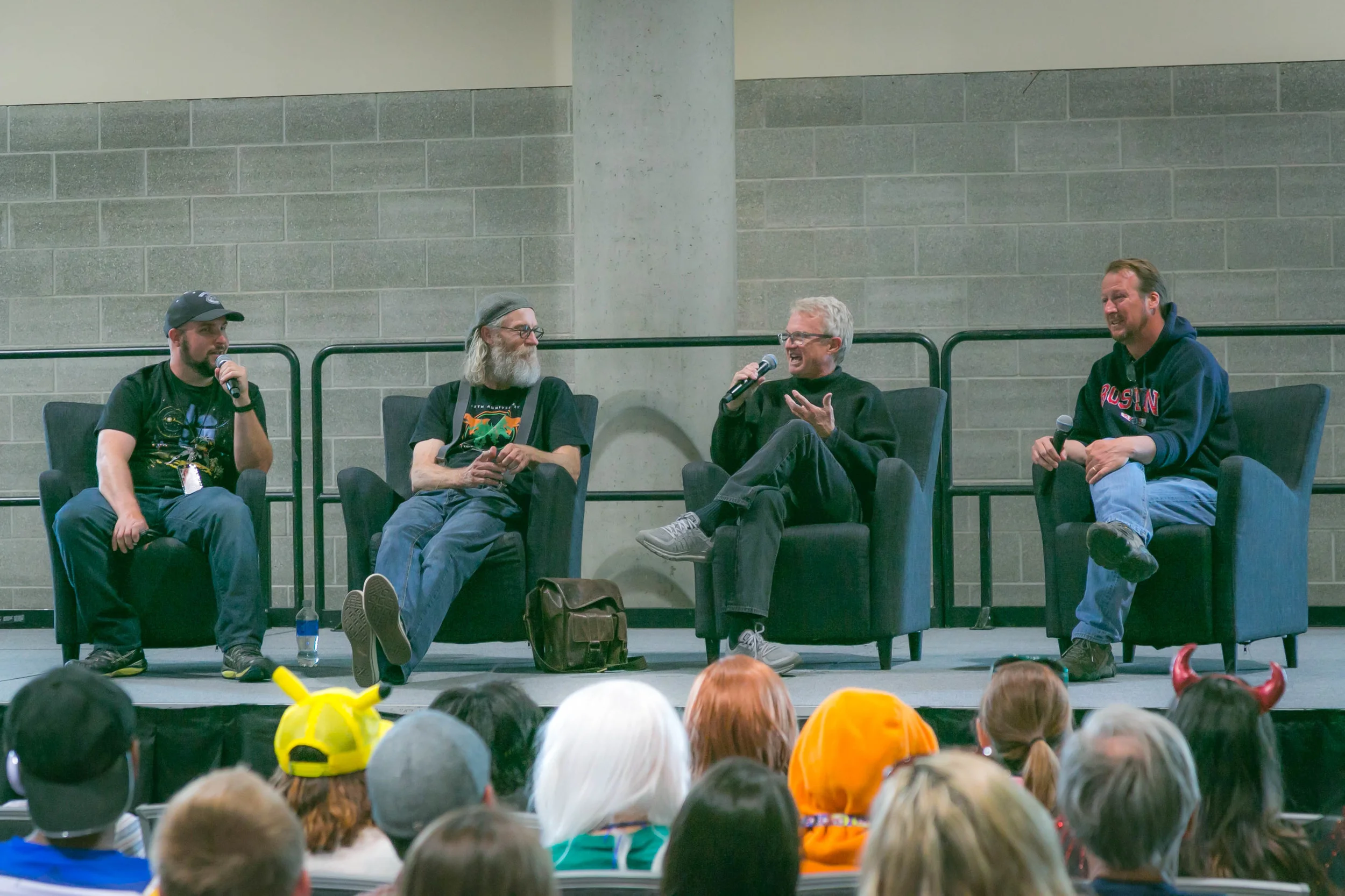 Shaun Springer leads a discussion with folks from Z Nation. &nbsp;Russell Hodgkinson (Doc), Karl Schafer (Z Nation Show Runner) and Kevin Cook (Z Nation Gaffer)