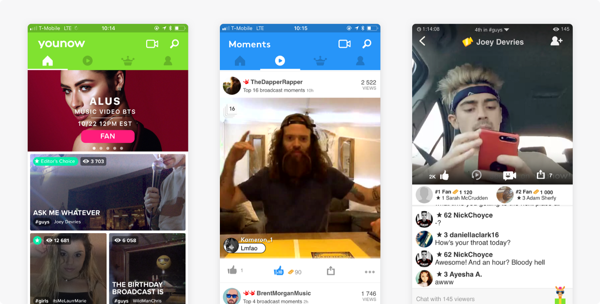 Actual screens from YouNow app
