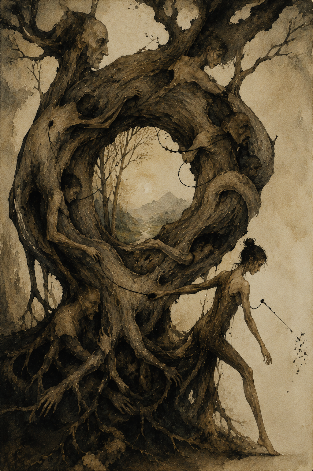 A woman breaks free from a circular tree with people embedded within
