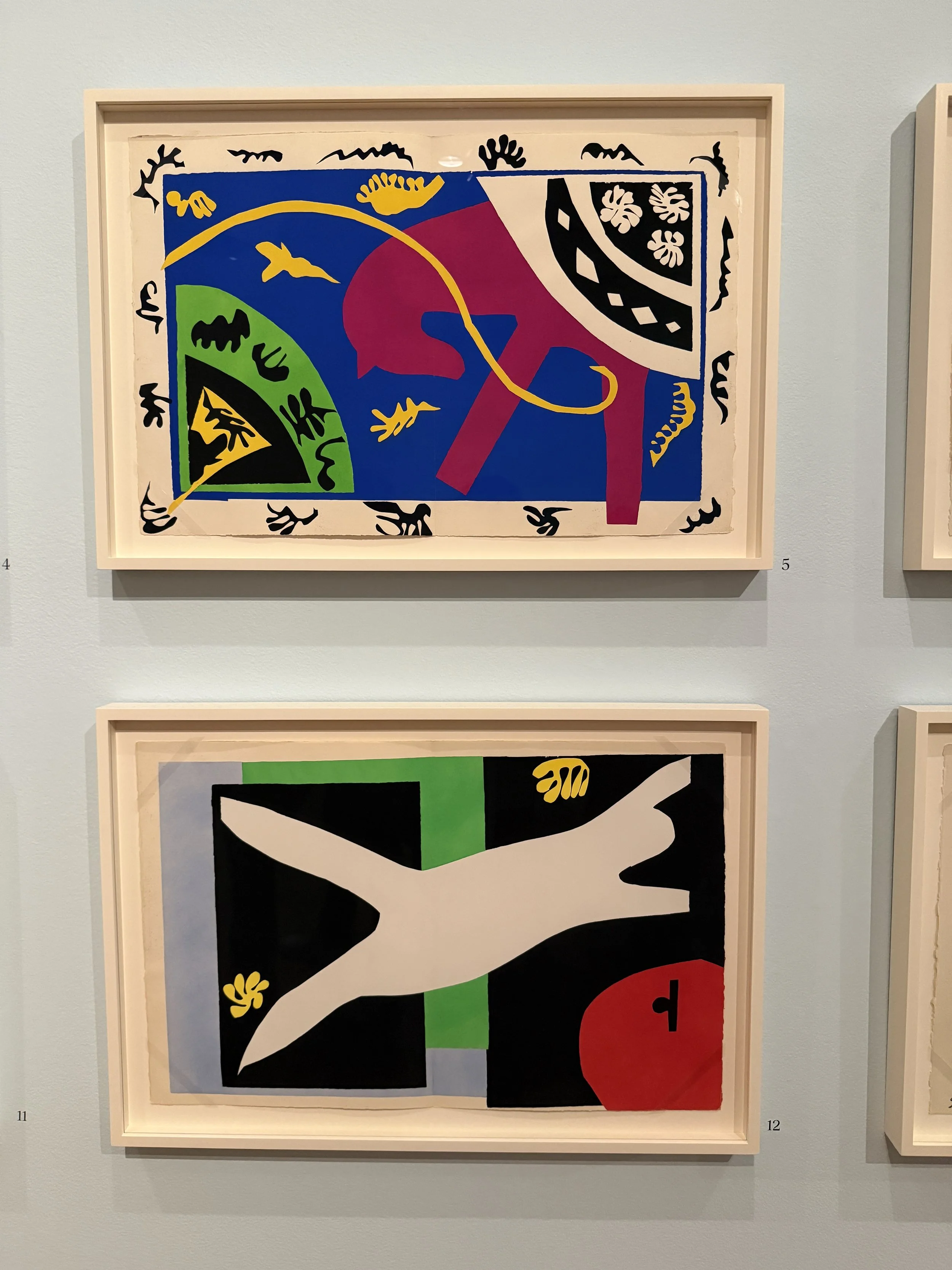 Pages from Matisse's Jazz, including one of a horse and a trapeze artist