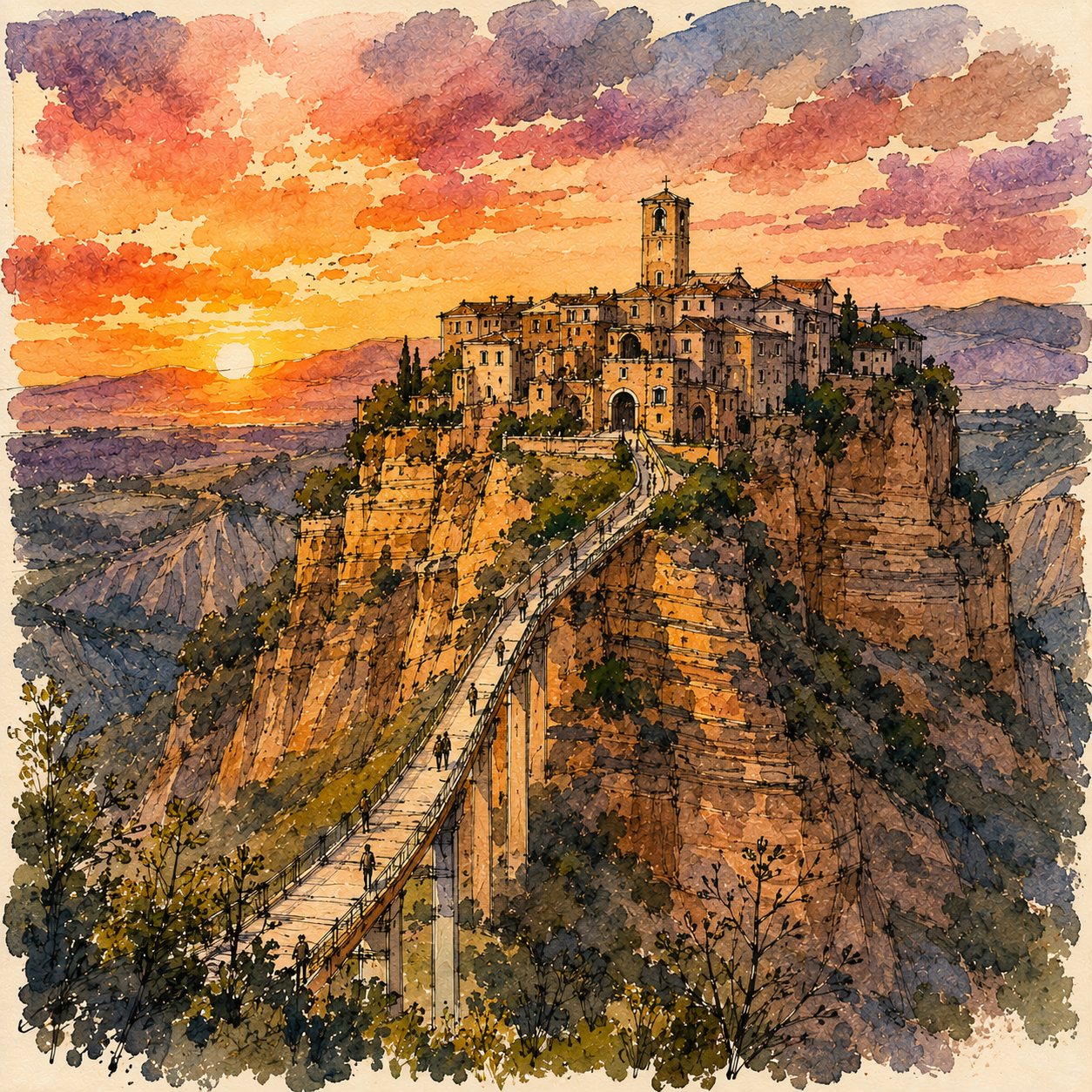 People walk across a bridge leading to the town of Civita di Bagnoregio, Italy, perched on a hilltop at sunset