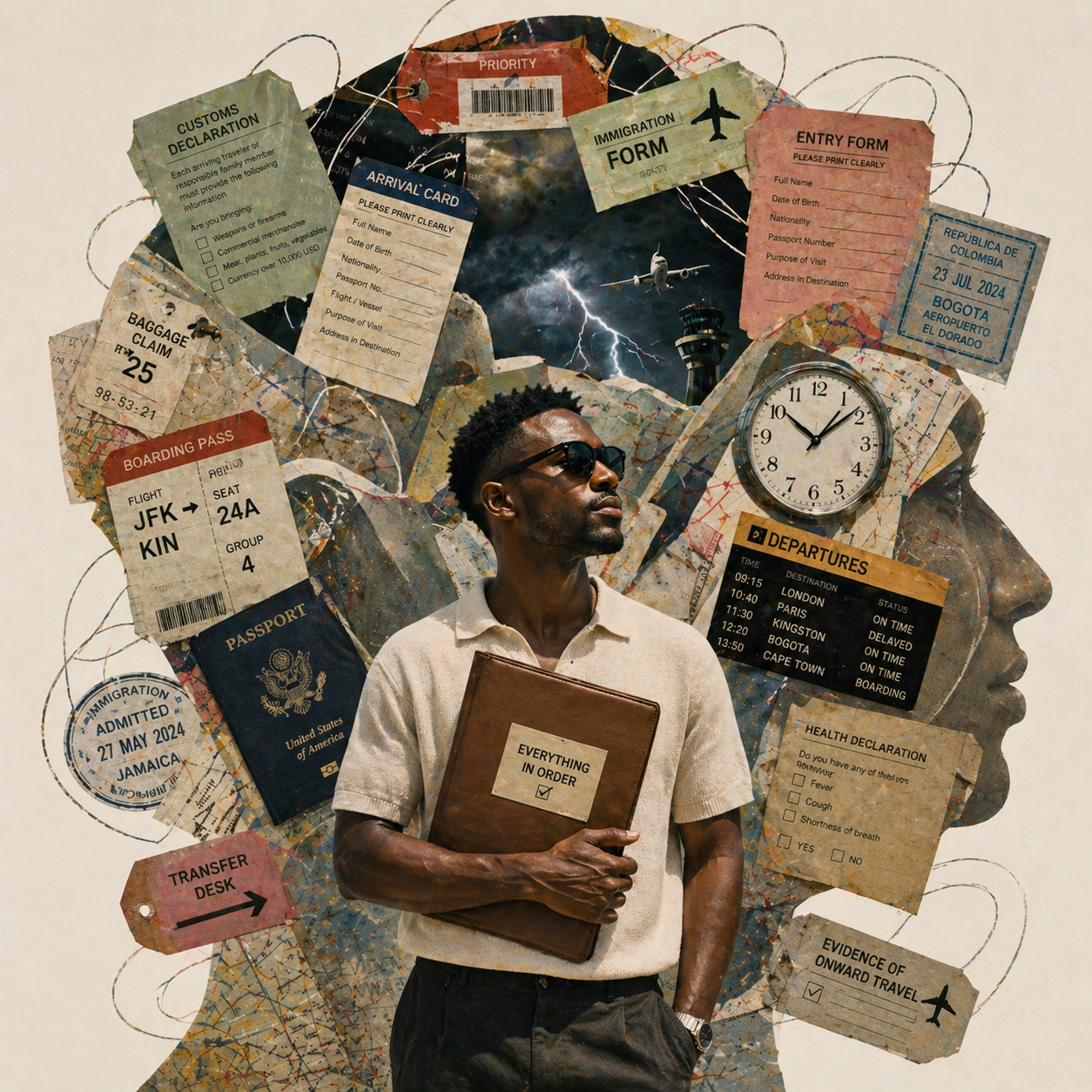 Collage of a man holding a folder, with a large head behind him made of travel documents, a passport, lightning and a clock