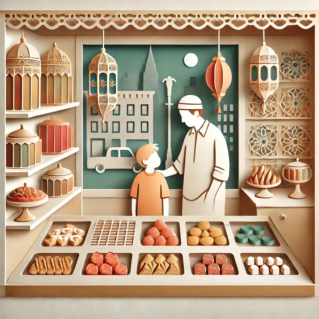 A father and son at a Middle Eastern sweets shot in New York
