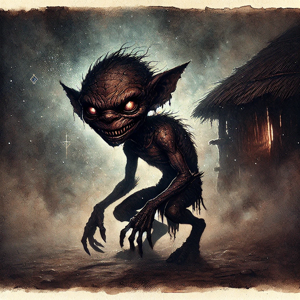 A tokoloshe, a menacing gremlinlike creature with glowing eyes and a creepy smile, by a thatched-roof hut