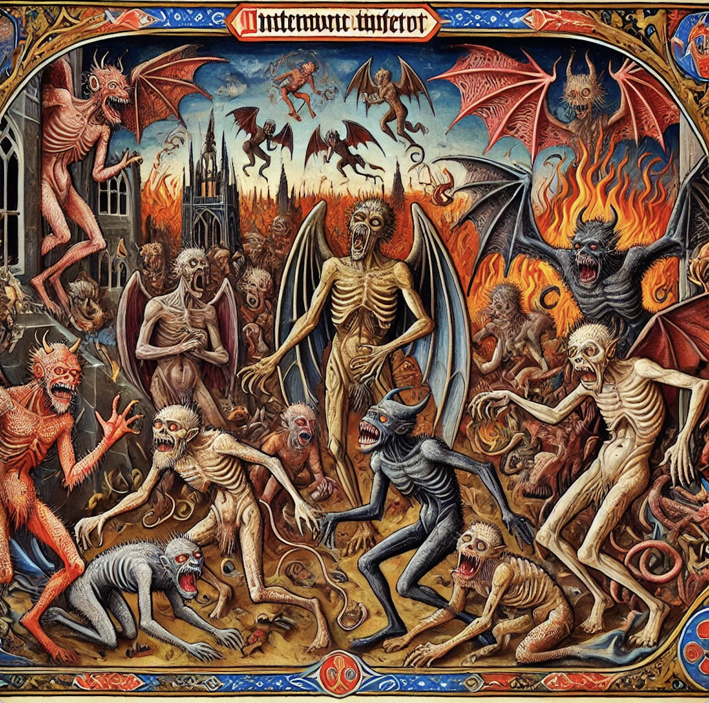Skeletal demons, some with wings, scream in a hellscape