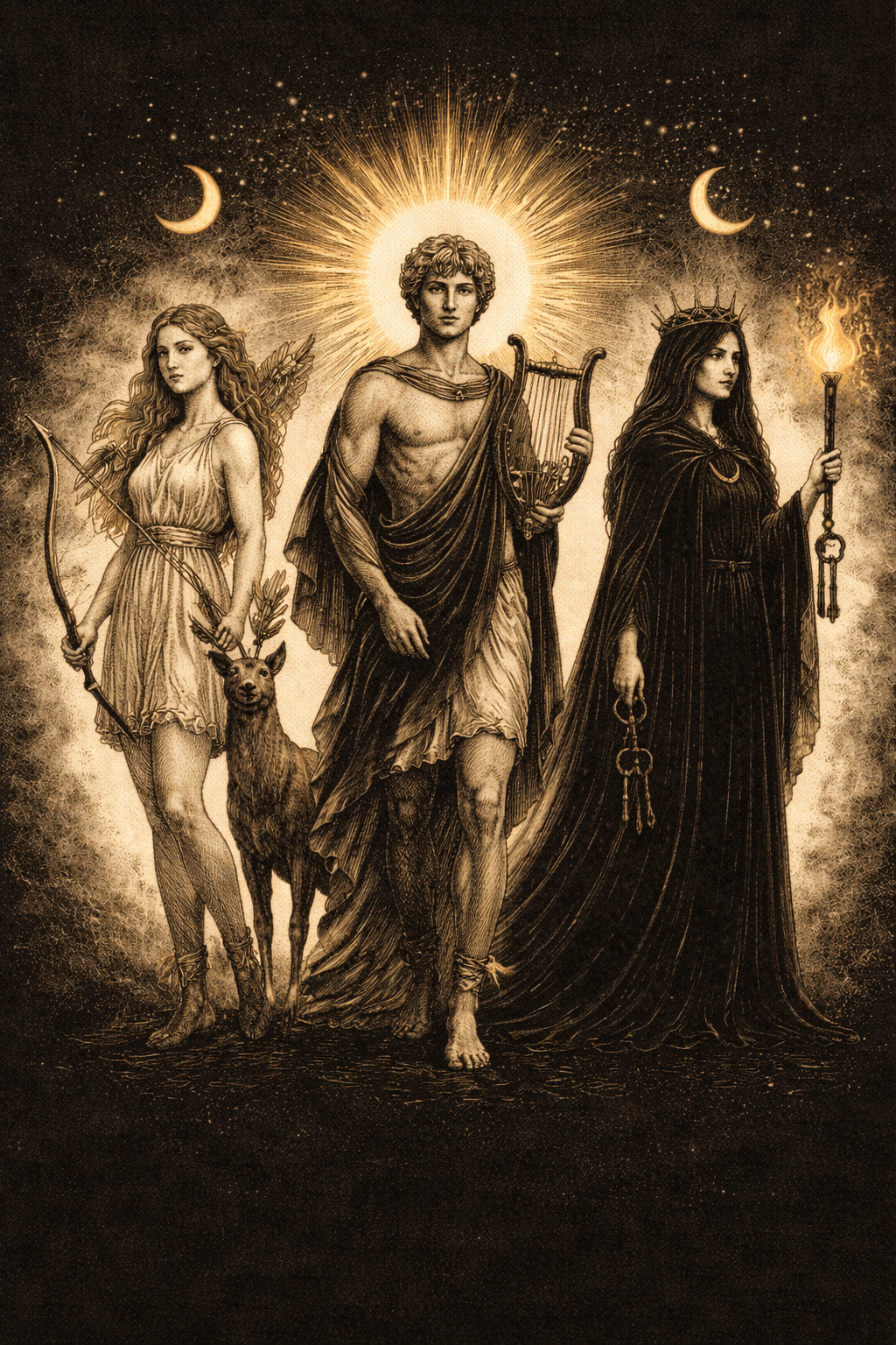 Artemis, with bow and arrows and a deer; Apollo shining bright with a lute; and Hecate, holding a torch and keys
