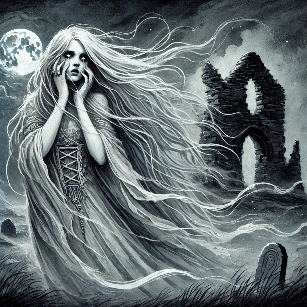 A banshee with long flowing hair clutches her face at night by a ruined church and graveyard