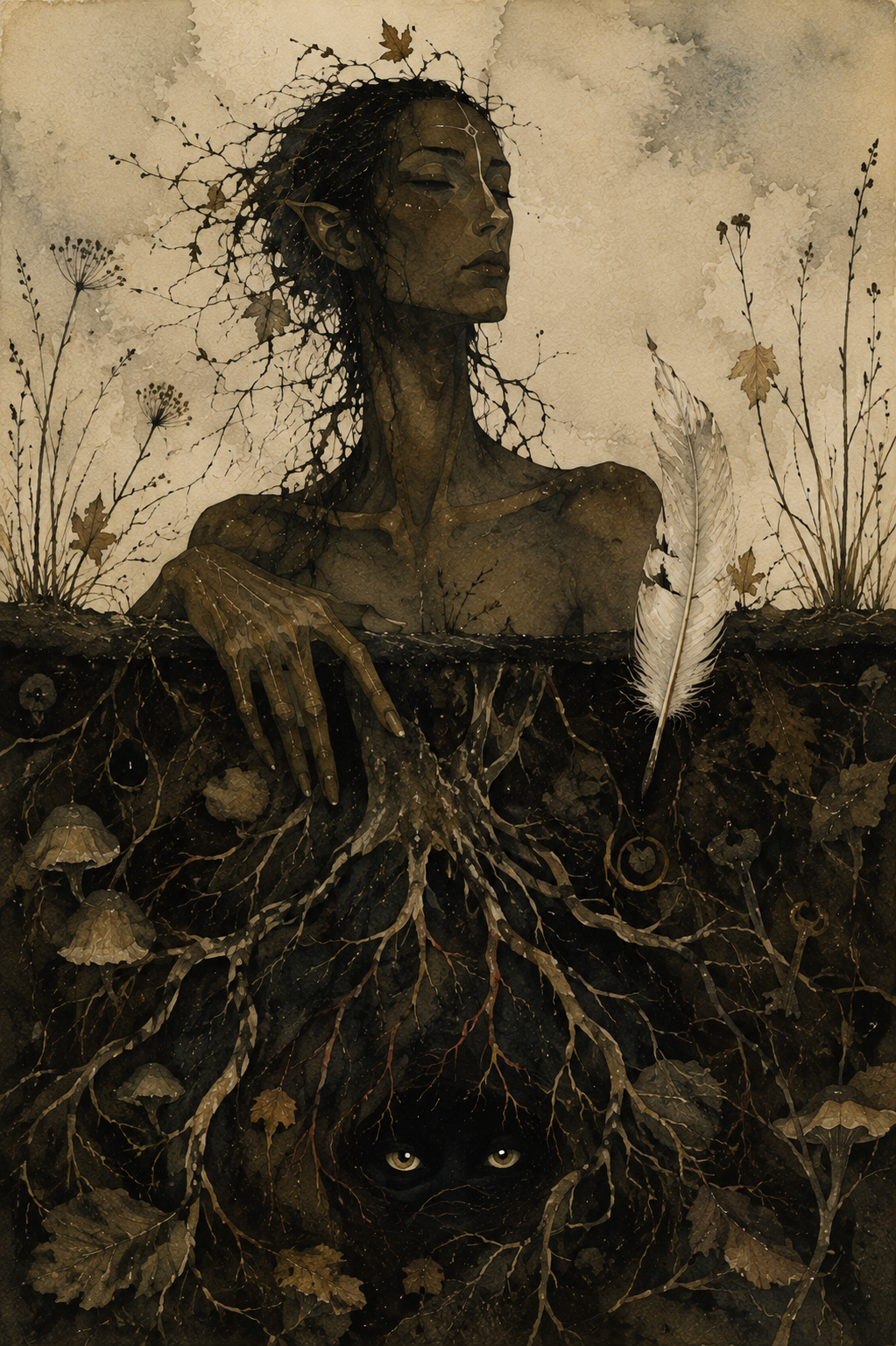 A female elf with roots and eyes underground and a white feather