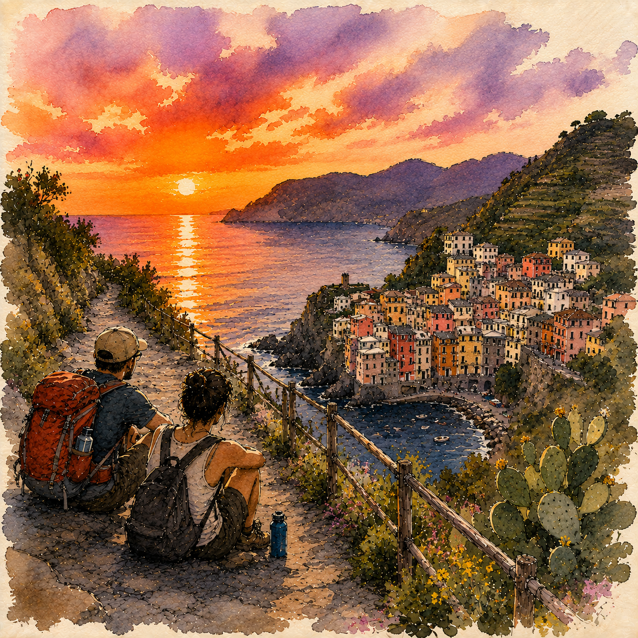 Two hikers pause on the trail over the colorful coast of Cinque Terre to watch the sunset
