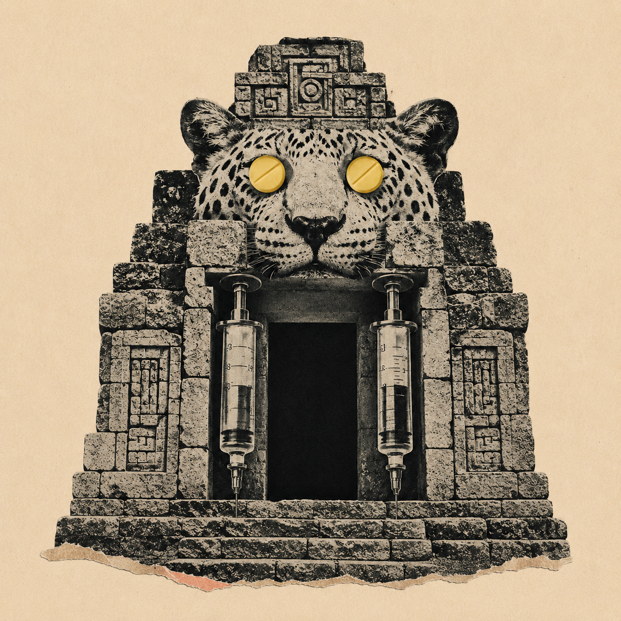 Mayan temple with jaguar head with pills for eyes and medical syringes as columns