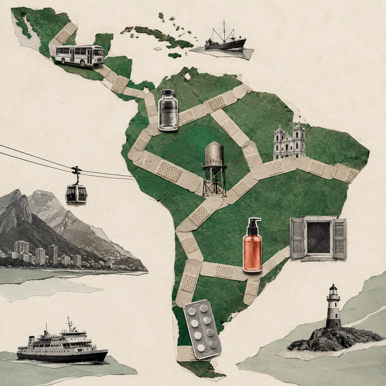 Collage of Latin America, with sky tram, ships, lighthouse, bus, church, water tower and other icons and roads created by bandaids