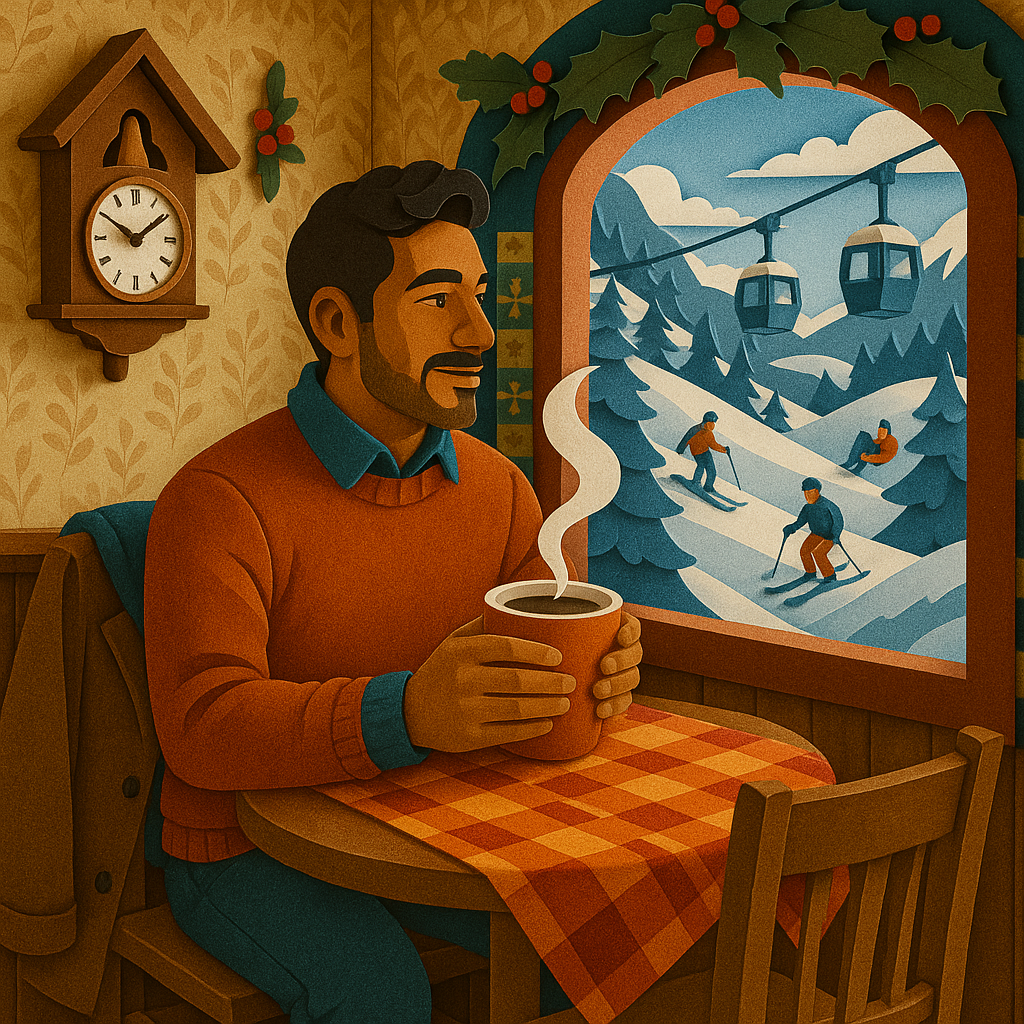 A bearded man sits in a cafe at Christmas, hands around a large steaming cup of hot chocolate, looking out the window at skiers and a gondola lift