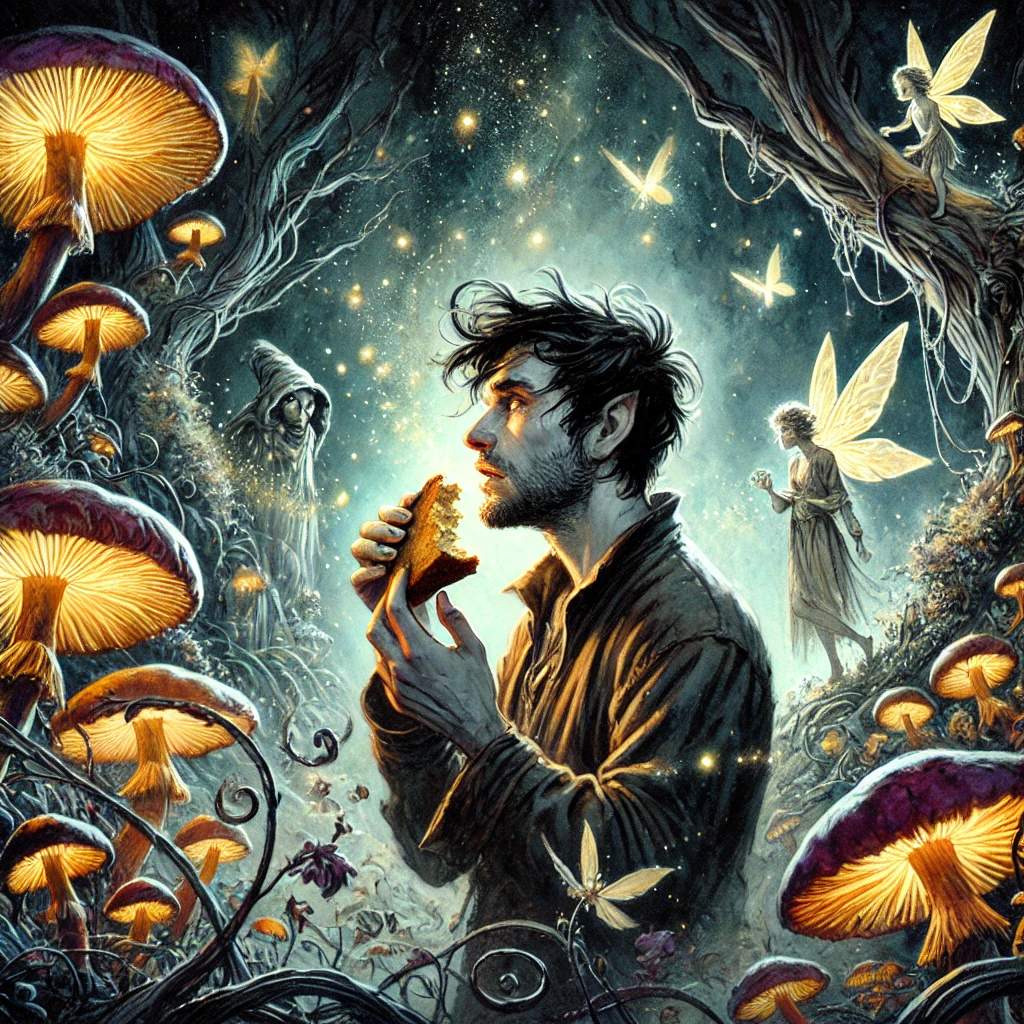 A man stupidly eats in the land of fairy, where mushrooms glow and creatures watch him