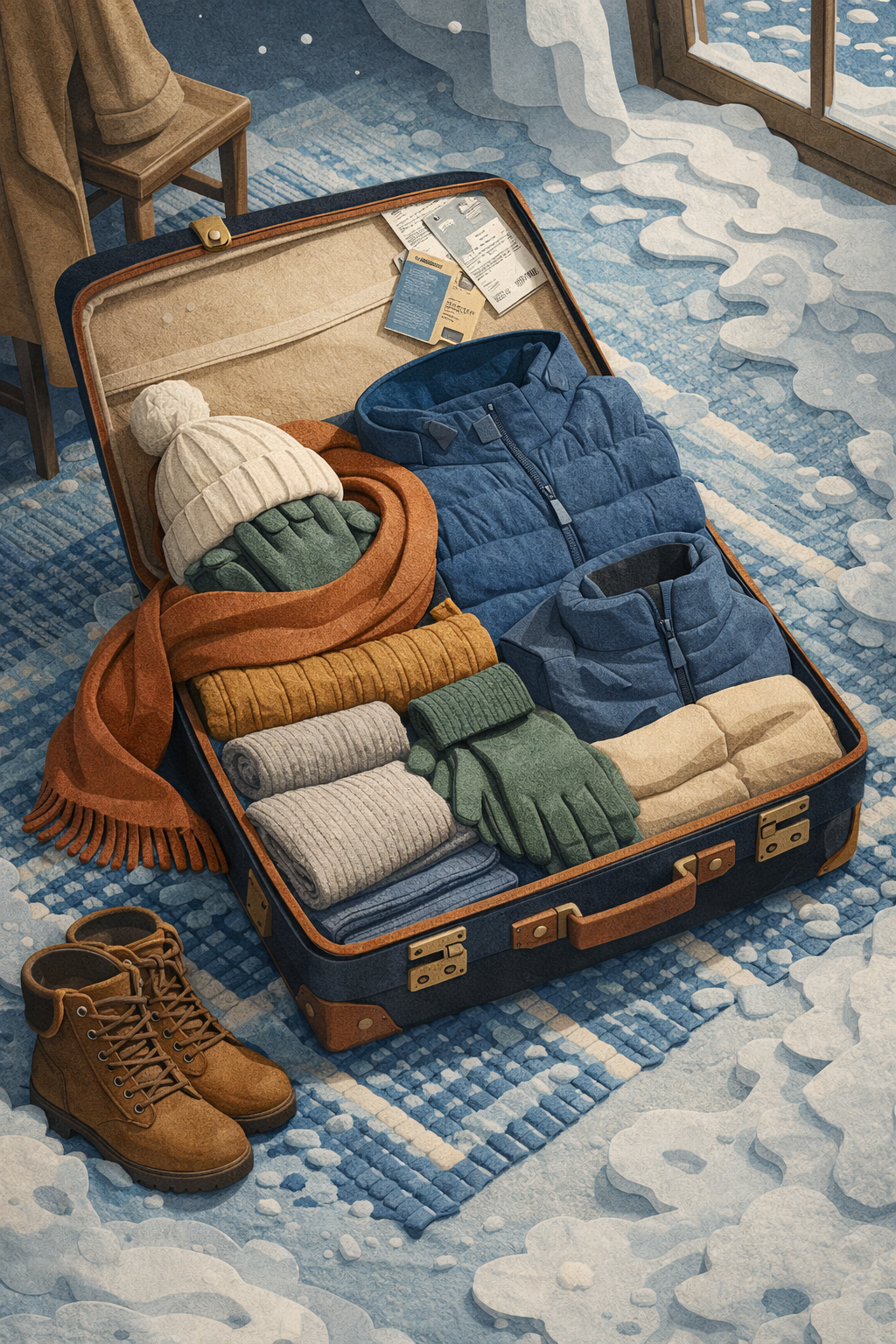 A suitcase is open with winter travel gear: knit cap, scarf, gloves, jackets and other layers, with boots nearby and snow that has gotten into the room