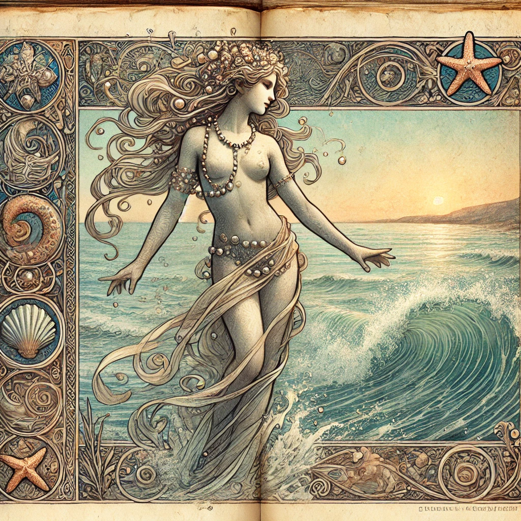 A mostly nude nereid, a minor goddess of the sea