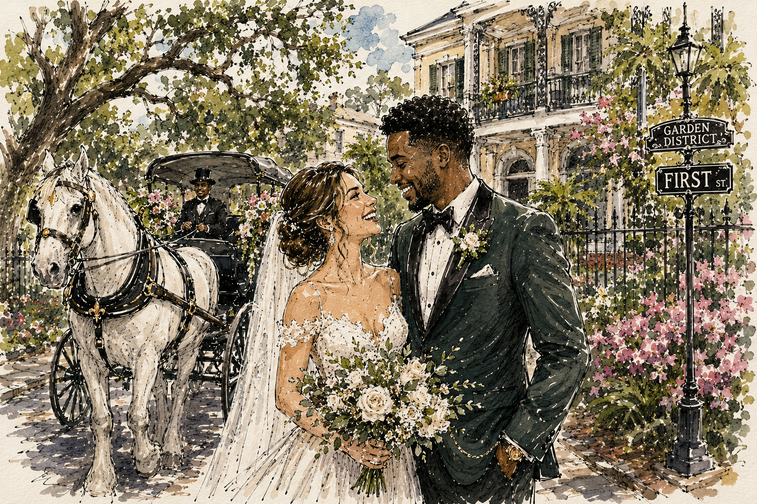 A bride smiles up at the groom while posing by a horse-drawn carriage and flower-covered mansion in New Orleans' Garden District