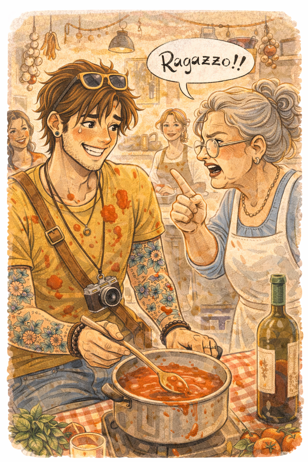 A young man smiles sheepishly as he is covered in tomato sauce and gets yelled at by an Italian nonna who yells, "Ragazzo" at him