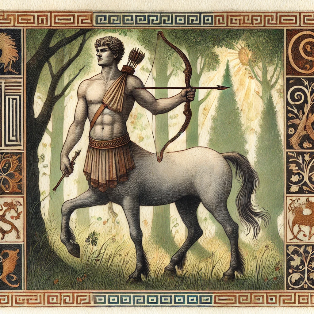A centaur, half-man, half-horse, holds a bow and arrow as it walks through the woods