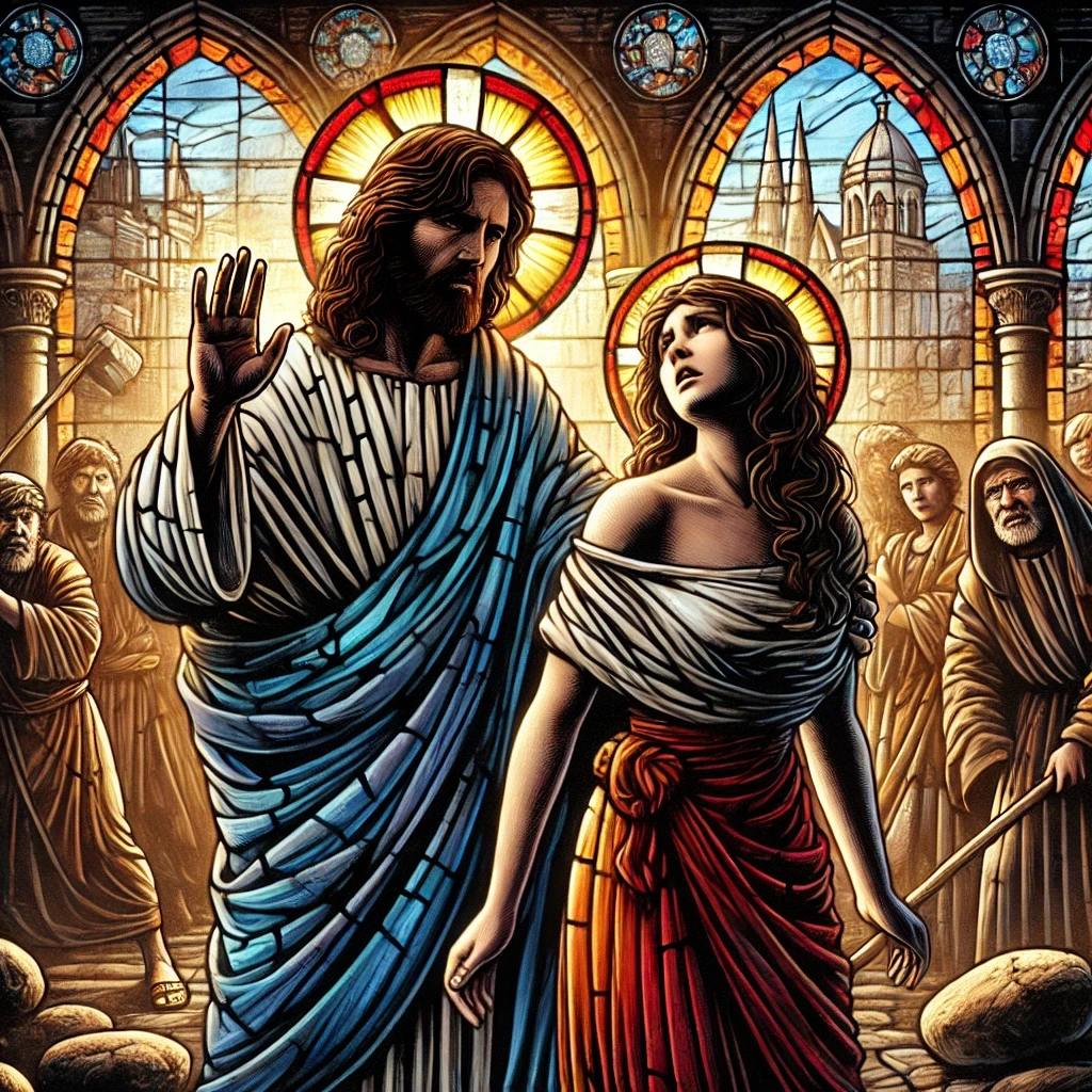 Stained glass style illustration of Jesus and the womanwho was going to be stoned to death for adultery