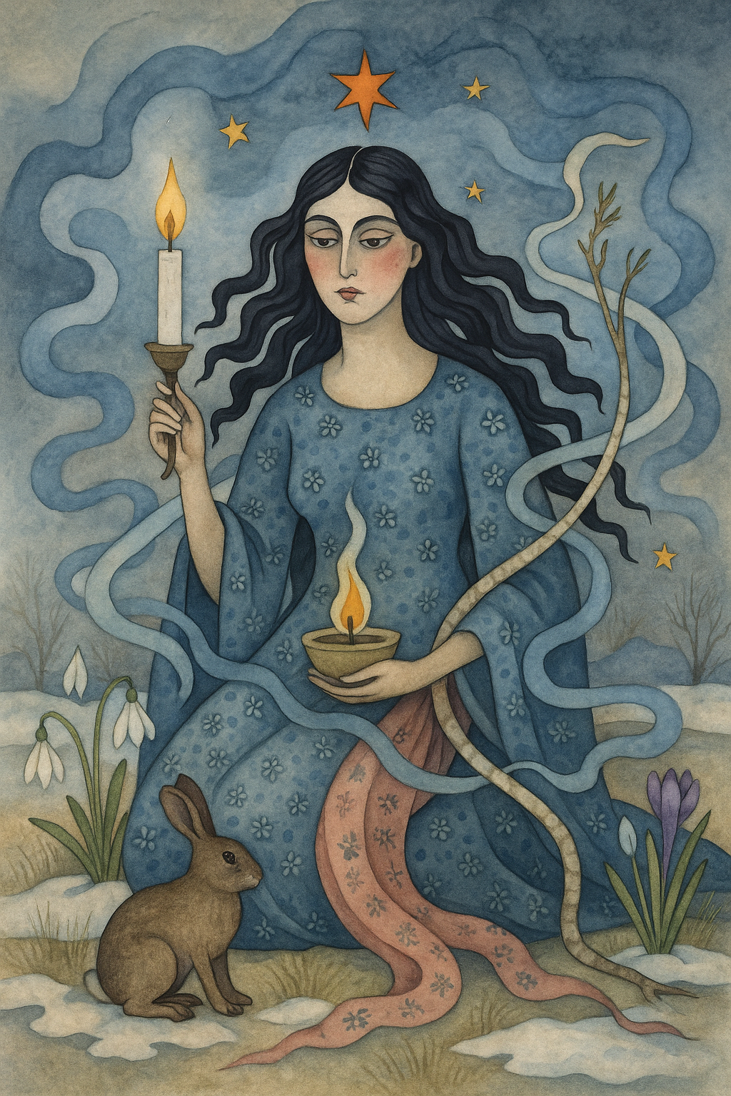 A witch in a flowered dress holds two candles by a hare, flowers and melting snow, with Imbolc magic swirling around her as she casts a spell