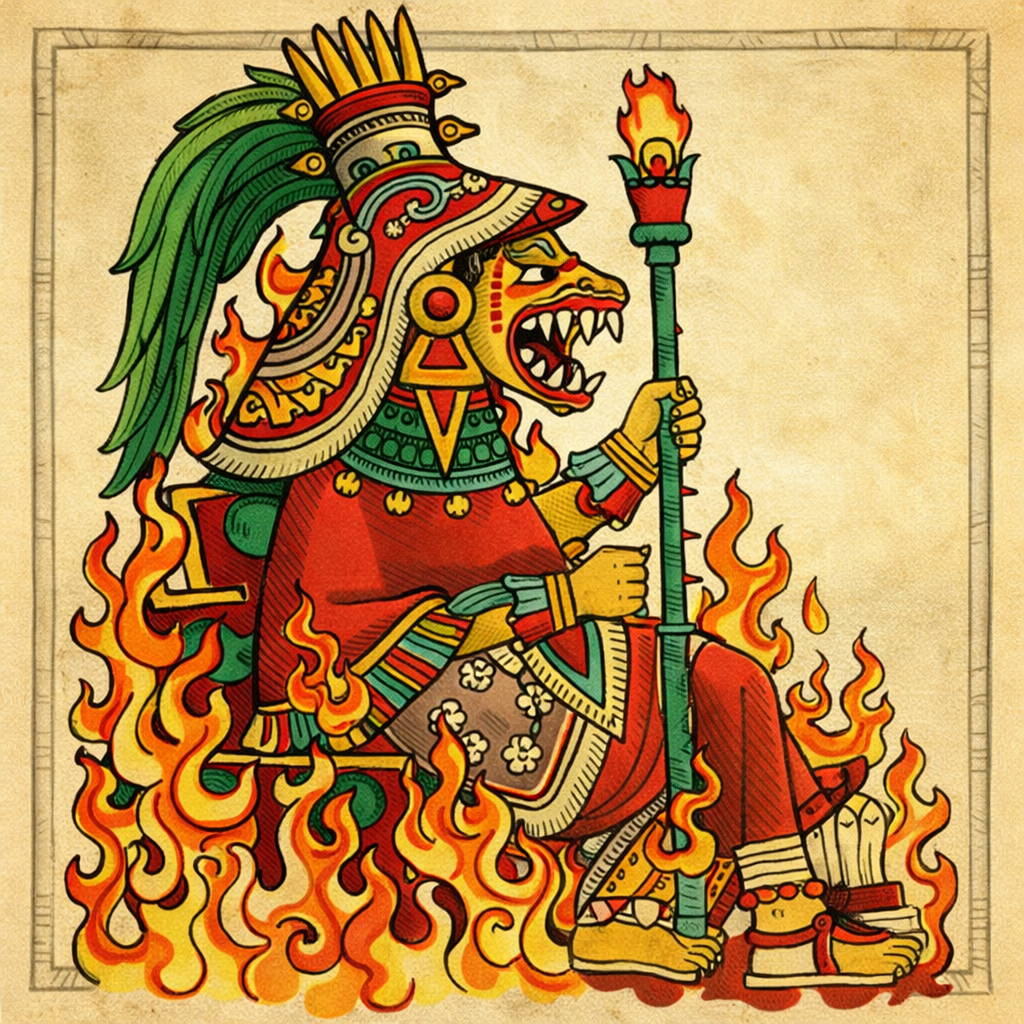 Chantico, the Aztec goddess of fire, holds a flaming staff, wearing a feathered headdress and baring her fangs amid flames