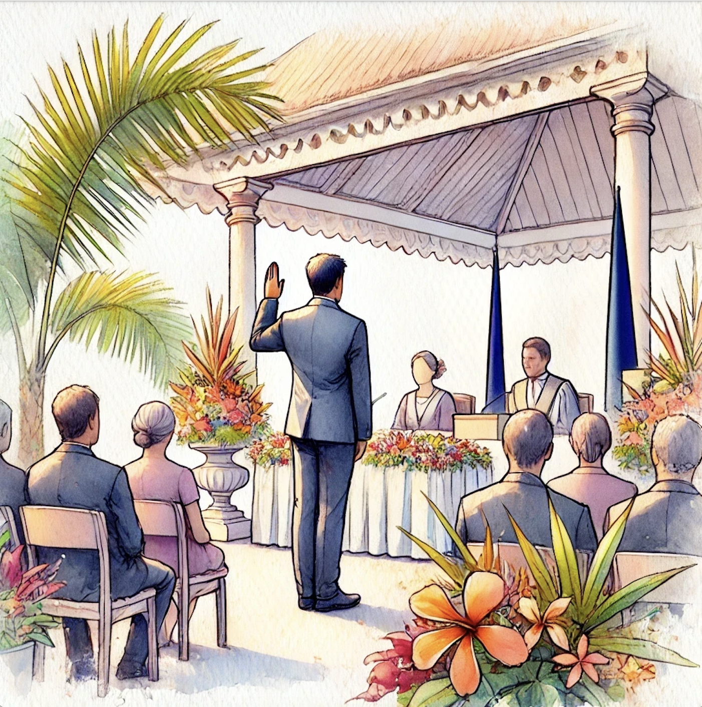 A man in suit takes the Nauru citizenship oath at a formal ceremony with flowers