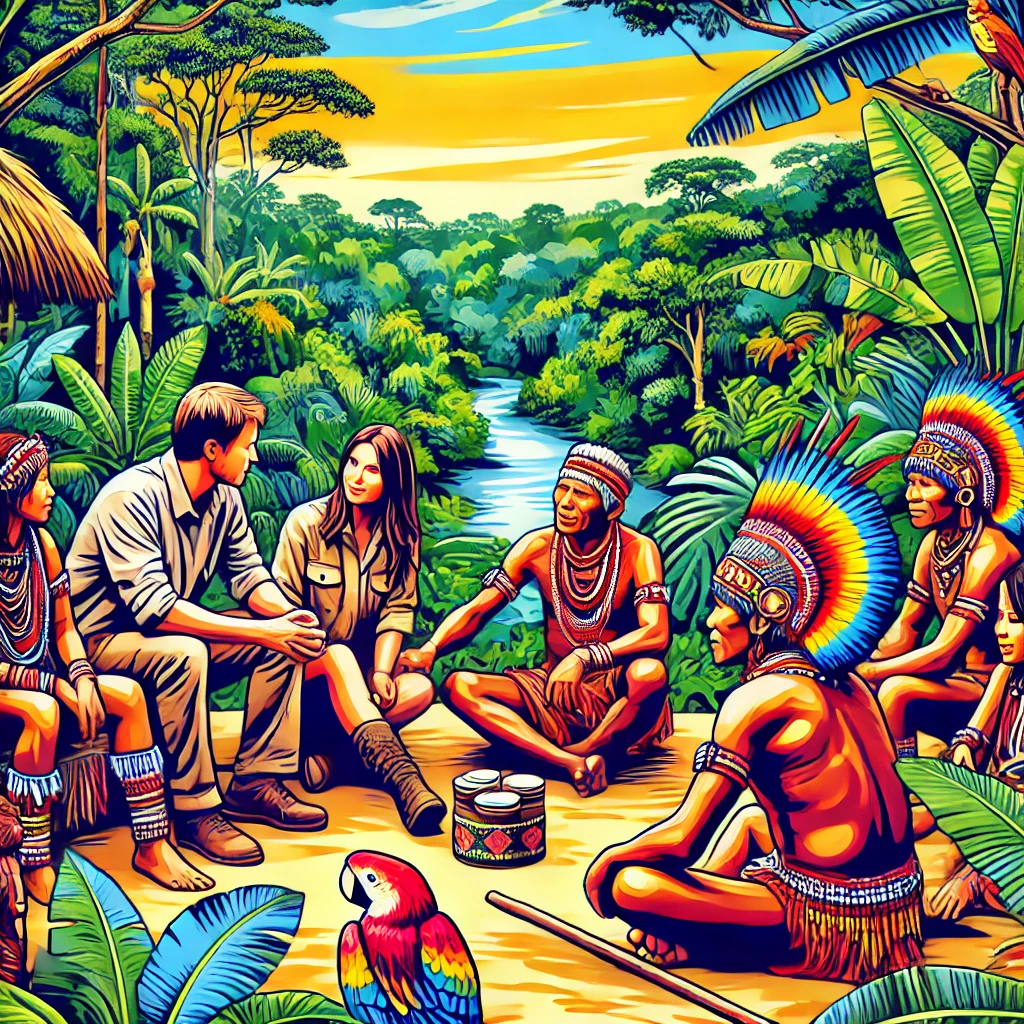 A couple sits in a circle with indigenous Amazonians in colorful feathered headgear