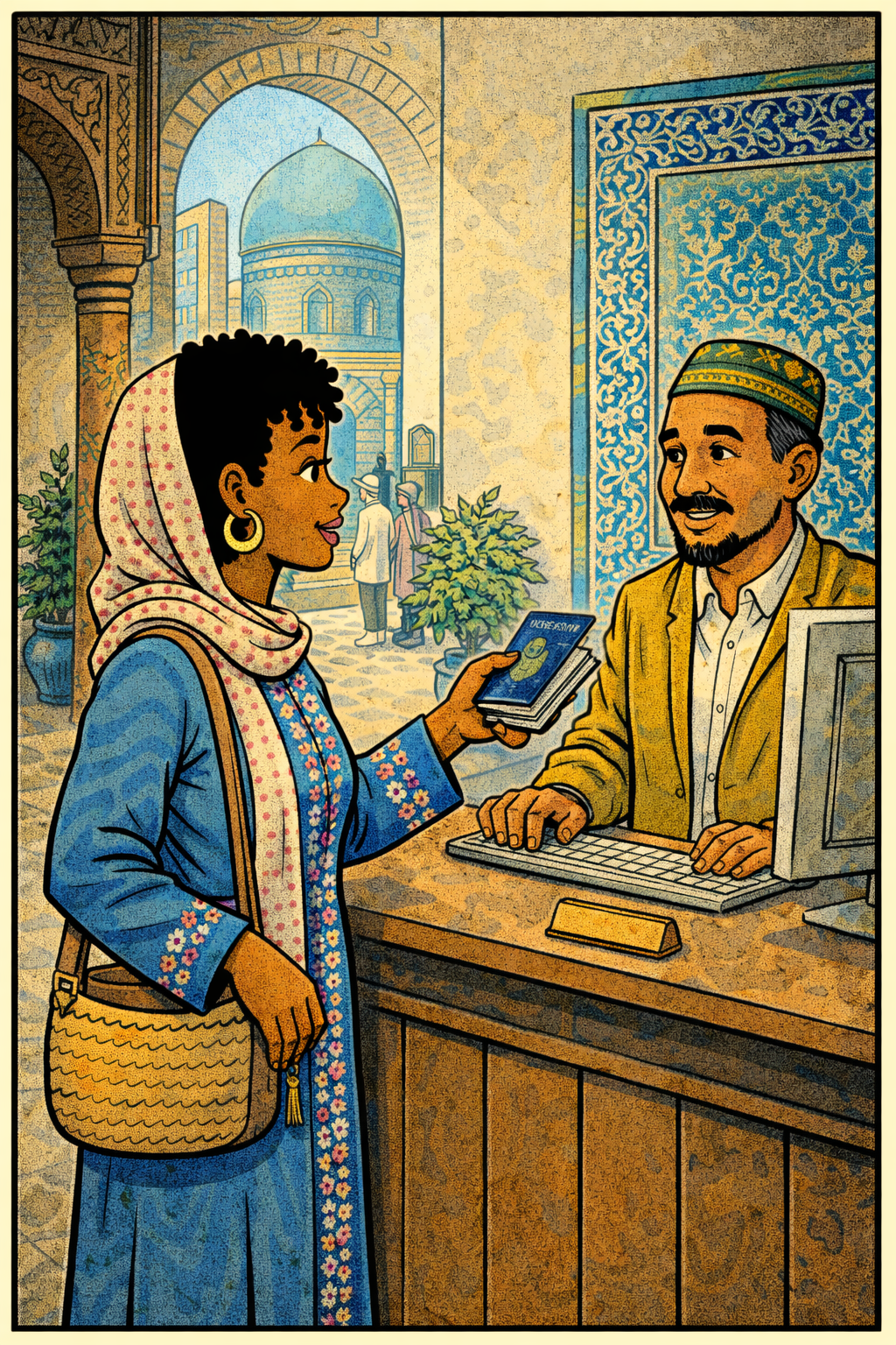 A young woman in traditional garb and a headscarf hands her passport and documents to the man at the front desk of a hotel in Uzbekistan