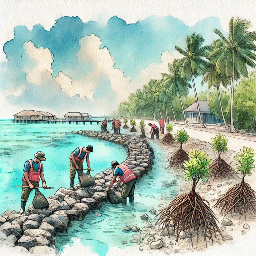 A team works by a rock wall in the water planting mangroves with big root clusters as part of a flood mitigation project in Nauru