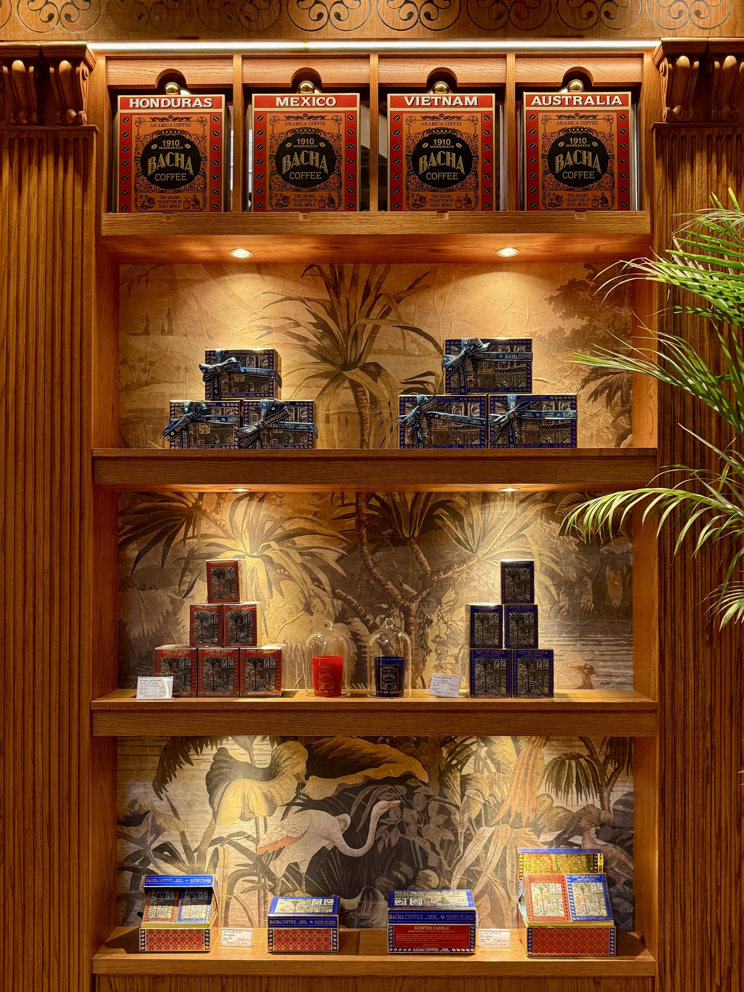 A shelf at the Bacha Coffee store at Dar el Bacha in Marrakech