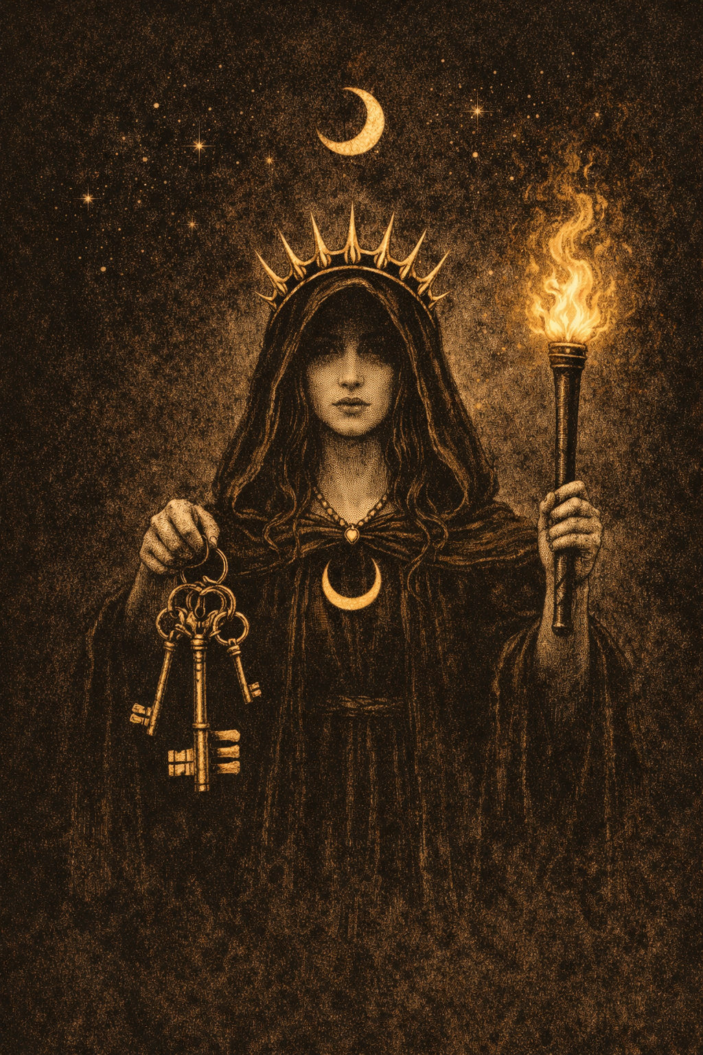 The goddess Hecate, wearing a crown, holding keys and a torch