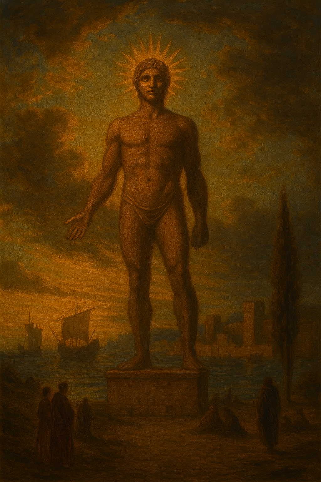 The giant statue of the Colossus of Rhodes, a sun god rising above the island's port