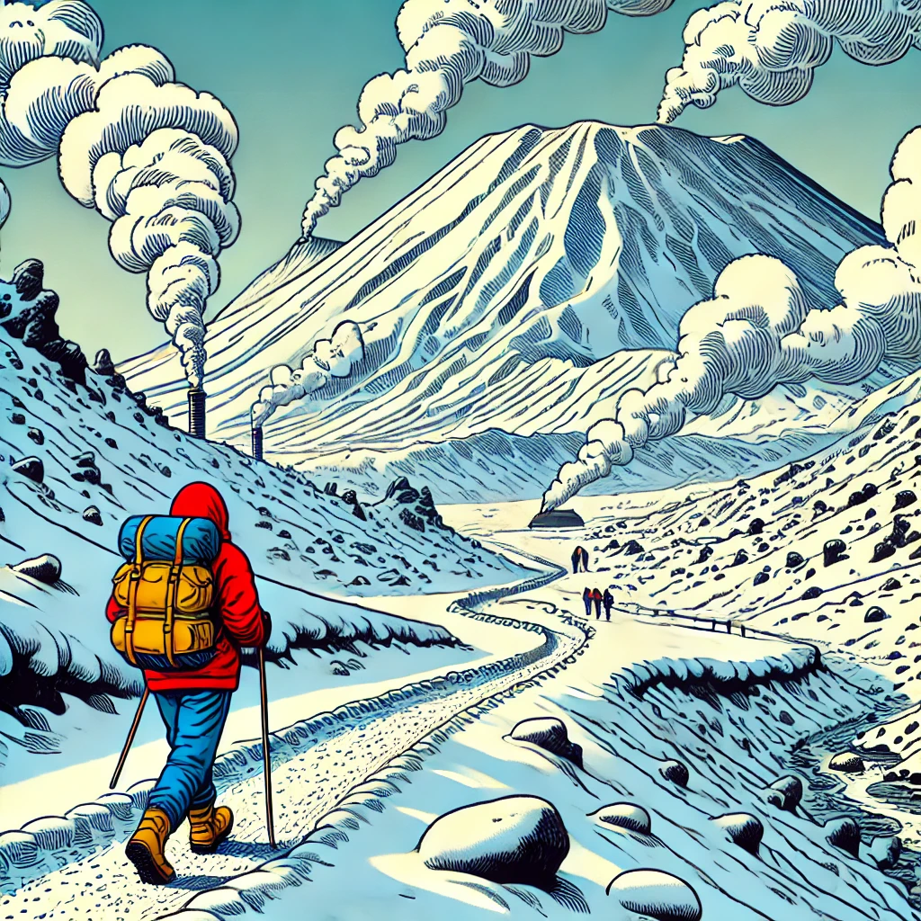 A person hikes in the snow at the Tongariro Alpine Crossing, New Zealand