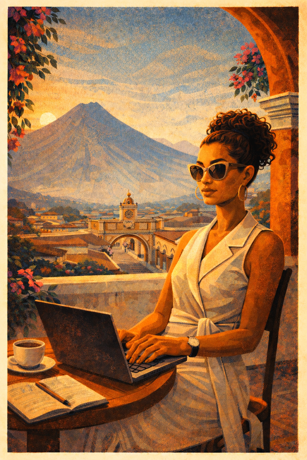 A woman with sunglasses sits on a balcony in Antigua, Guatemala, working on her laptop, with Volcán de Agua volcano in the background